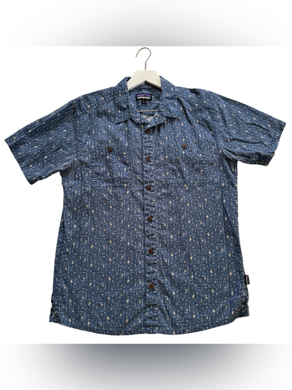 Patagonia Shirt Mens Medium Blue Graphic Hemp Organic Cotton Short Sleeve Button